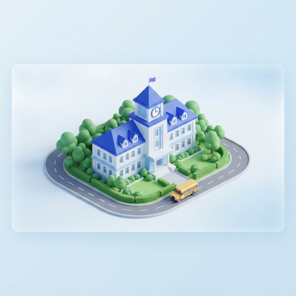 3D school campus with a blue-roofed building and yellow school bus